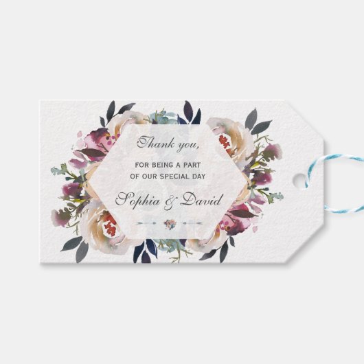 Elegante dusty Blue Pink Floral Geometric Wedding Geschenkanhänger (Vorderseite (Horizontal))