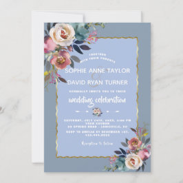 Elegante Dusty Blue Pink Floral Gold Frame Wedding Einladung
