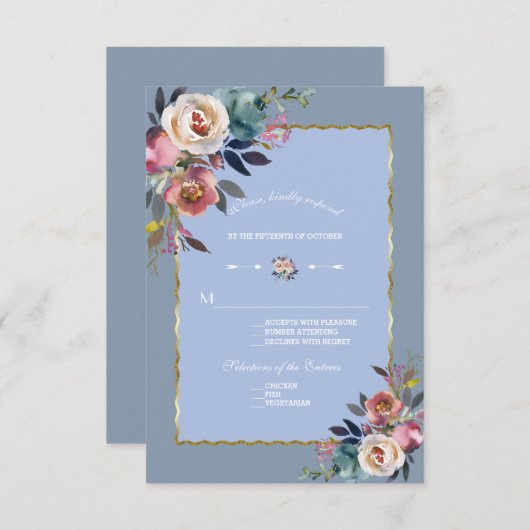 Elegante Dusty Blue Pink Floral Gold Frame Wedding RSVP Karte (Vorne/Hinten)