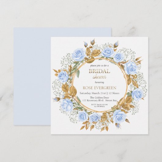 Elegante Dusty Blue Rose und Baby's Breathe Einladung (Vorne/Hinten)