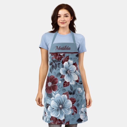 Elegante Dusty Blue und Burgund Floral Schürze (Getragen)