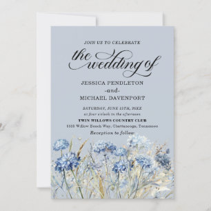 Elegante Dusty Blue Watercolor Wildblumen Hochzeit Einladung