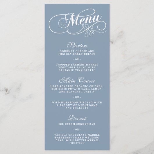 Elegante Dusty Blue Wedding Menu Vorlagen (Vorderseite)