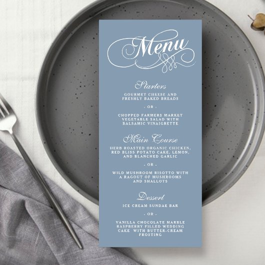 Elegante Dusty Blue Wedding Menu Vorlagen