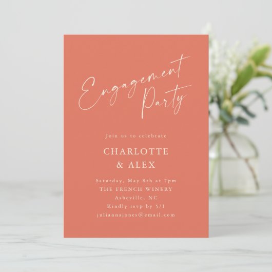 Elegante Dusty Orange Script Engagement Party Einladung (Stehend Vorderseite)