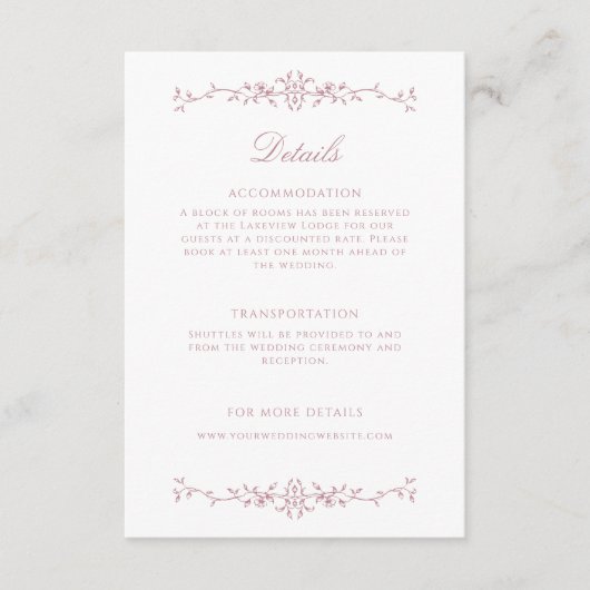 Elegante Dusty Rose Art Wedding Details Begleitkarte (Vorderseite)