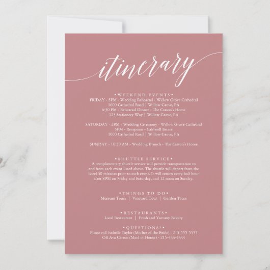 Elegante Dusty Rose Begrüßungsschreiben und Streck (Rückseite)