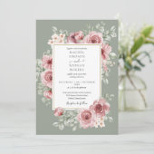 Elegante Dusty Rose Blumenzange Grüne Hochzeit Einladung (Stehend Vorderseite)