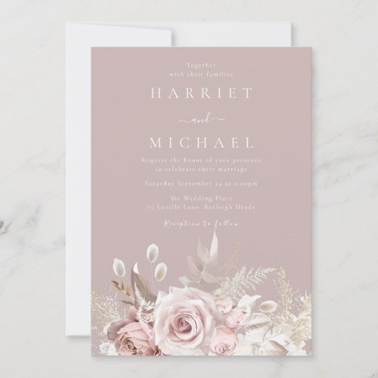 Elegante Dusty Rose & Blush Blumenhochzeit Einladung (Vorderseite)