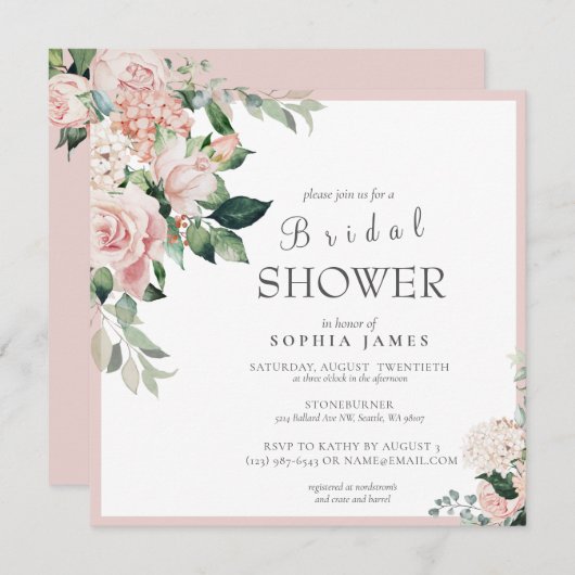 Elegante Dusty Rose Blush Peony Brautparty Invi Einladung (Vorne/Hinten)