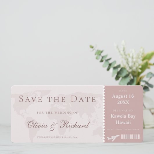 Elegante Dusty Rose Boarding Save the Date Pass Einladung (Stehend Vorderseite)