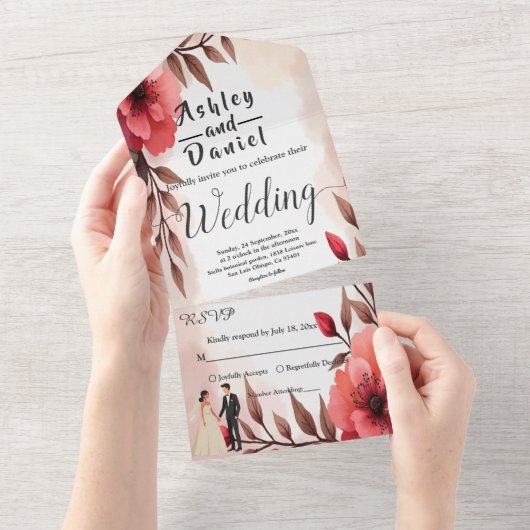 Elegante dusty Rose Braut und Groom Blumenhochzeit All In One Einladung (Abreißen)