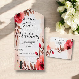 Elegante dusty Rose Braut und Groom Blumenhochzeit All In One Einladung