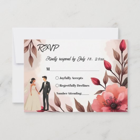 Elegante dusty Rose Braut und Groom Blumenhochzeit RSVP Karte (Vorderseite)