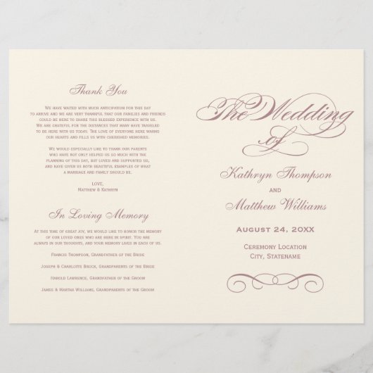 Elegante Dusty Rose Calligraphy Wedding Programs (Vorderseite)