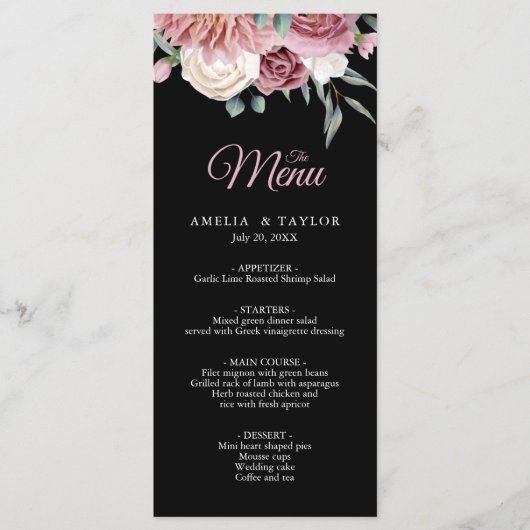 Elegante Dusty Rose Floral Black Wedding Menu Menükarte (Vorderseite)