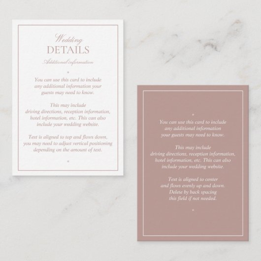 Elegante Dusty Rose Kalligrafie Hochzeitdetails Begleitkarte (Vorne/Hinten)
