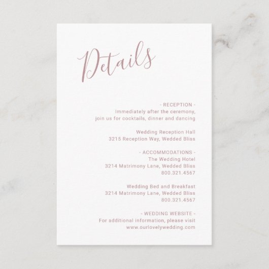 Elegante Dusty Rose Moderne Hochzeit Begleitkarte (Vorderseite)