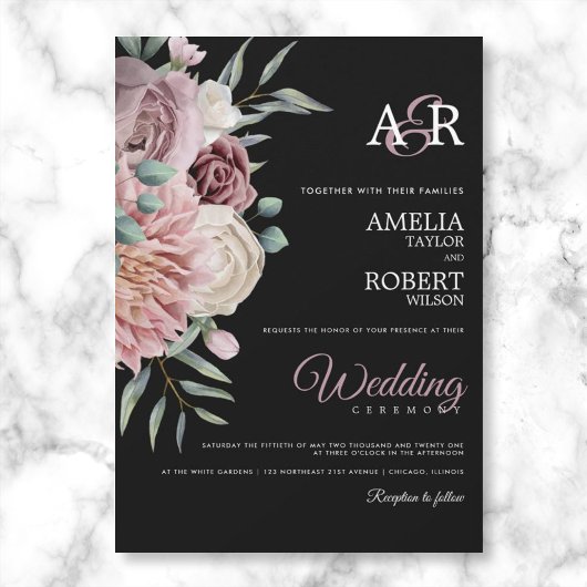 Elegante Dusty Rose Rosa Aquarellfarben Schwarz Einladung