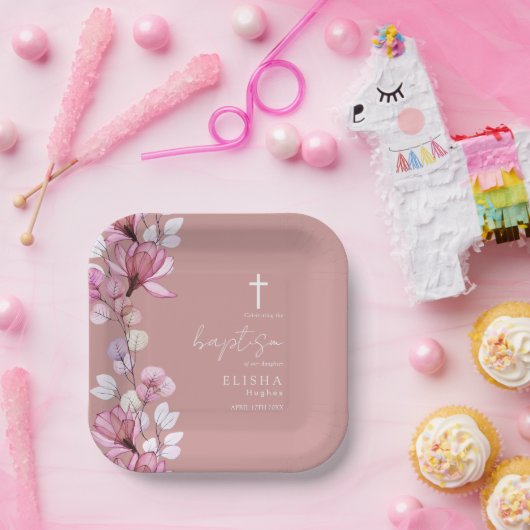 Elegante Dusty Rose Rosa Elegante Blumentaufe Pappteller (Party)