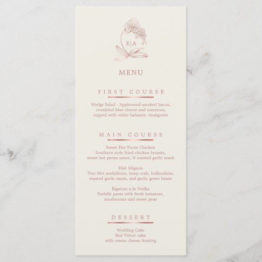 Elegante Dusty Rose und Elfenbeinorchid-Hochzeitsm Menükarte (Vorderseite)