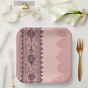 Elegante Dusty Rose Vintage-Spitzenrand-Hochzeit Pappteller