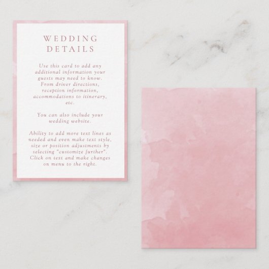 Elegante Dusty Rose Watercolor Hochzeitsdetails Begleitkarte (Vorne/Hinten)
