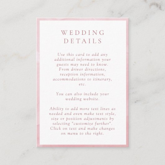 Elegante Dusty Rose Watercolor Hochzeitsdetails Begleitkarte (Vorderseite)