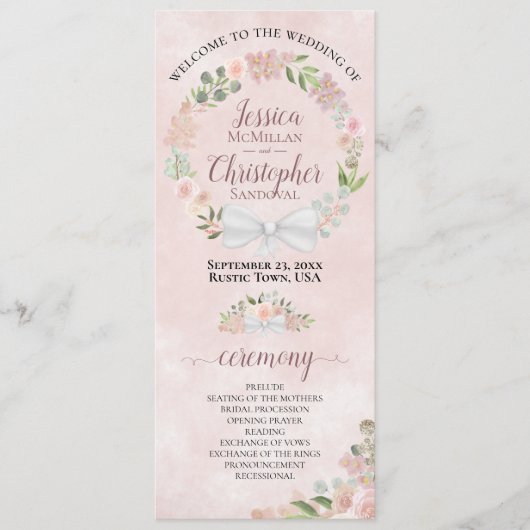 Elegante Dusty Rose Watercolor Wreath Wedding Programm (Vorderseite)