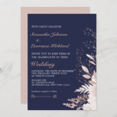 Elegante Dusty Rose White Floral Navy Blue Wedding Einladung (Vorne/Hinten)
