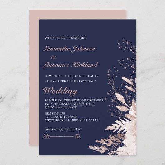 Elegante Dusty Rose White Floral Navy Blue Wedding Einladung (Vorne/Hinten)