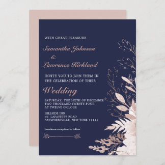 Elegante Dusty Rose White Floral Navy Blue Wedding Einladung