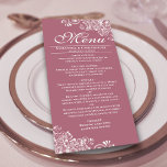 Elegante Dusty Rose & White Frilly Corners Wedding Menükarte<br><div class="desc">Diese schöne, staubige Rose oder das lila rosa Menü verleihen Ihrem Hochzeitsempfang einen gewissen Stil. Es zeichnet sich durch ein schlichtes, aber schönes Design mit eleganten Schriftzeichen und verzierten dekorativen weißen Vorhängen und Wirbel in den Ecken aus. Es gibt Platz für die Namen des Paares und das Hochzeitstag, und der...</div>