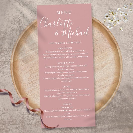 Elegante Duty Rose Signature Script Wedding Menu Menükarte