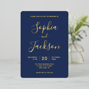 Elegante Echte Hochzeit, Gold oder Silber & Navy Folieneinladung