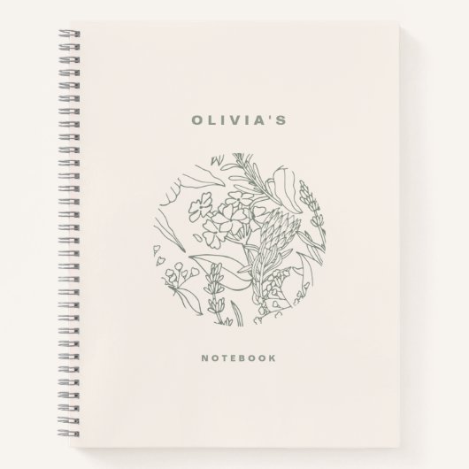 Elegante Ecru Sage Grüne Blume Kräuter Spirale Notizblock (Vorderseite)