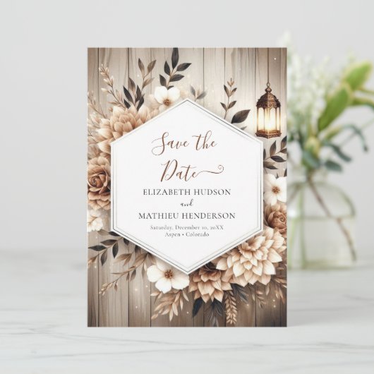 Elegante editierbare rustikale Hochzeit Save The Date (Stehend Vorderseite)