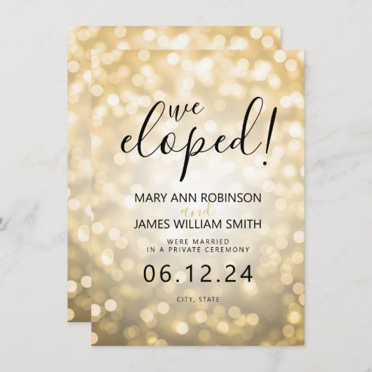 Elegante Ehe / Elopement Gold Bokeh Lights Ankündigung (Vorne/Hinten)
