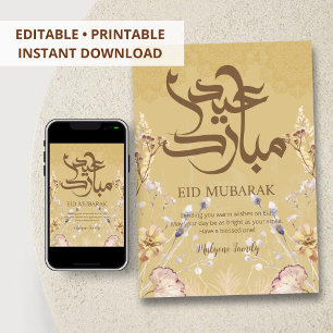 Elegante Eid Mubarak Blumenkarte - Goldene Mandala Feiertagskarte