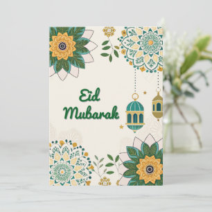 Elegante Eid Mubarak-Karte mit Laternen und Blumen Feiertagskarte