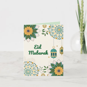 Elegante Eid Mubarak-Karte mit Laternen und Blumen Feiertagskarte