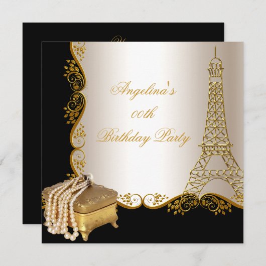 Elegante Eiffel Tower Gold Black Birthday Party Einladung (Vorne/Hinten)