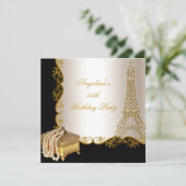 Elegante Eiffel Tower Gold Black Birthday Party Einladung (Stehend Vorderseite)
