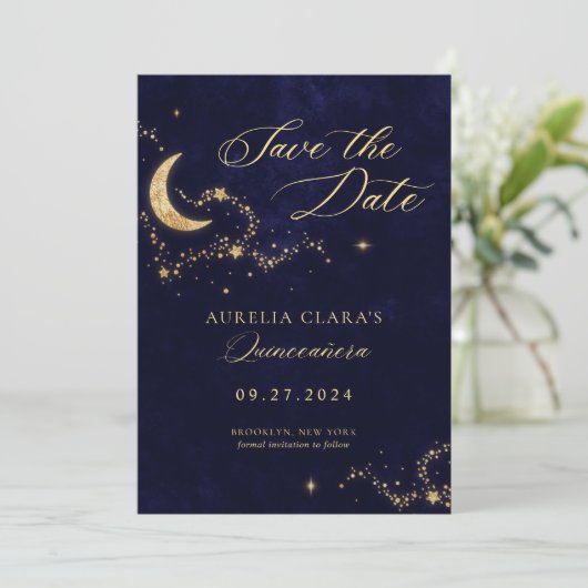 Elegante Eine Nacht unter den Sternen Quinceñera Save The Date (Stehend Vorderseite)