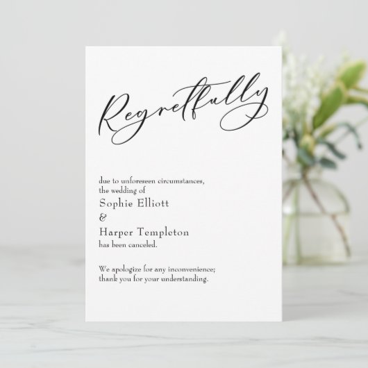 Elegante einfache "bedauerlich" abgesagte Hochzeit Einladung (Stehend Vorderseite)