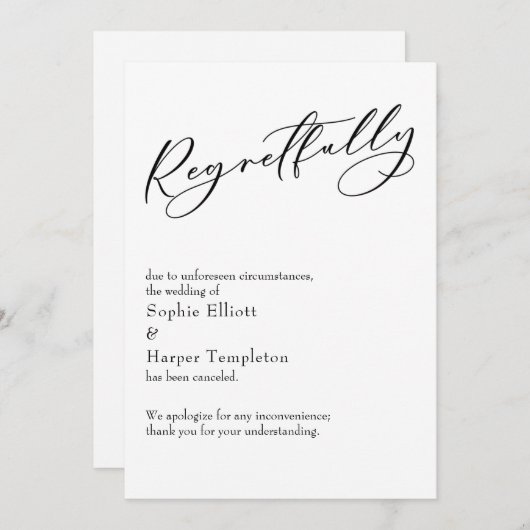 Elegante einfache "bedauerlich" abgesagte Hochzeit Einladung (Vorne/Hinten)
