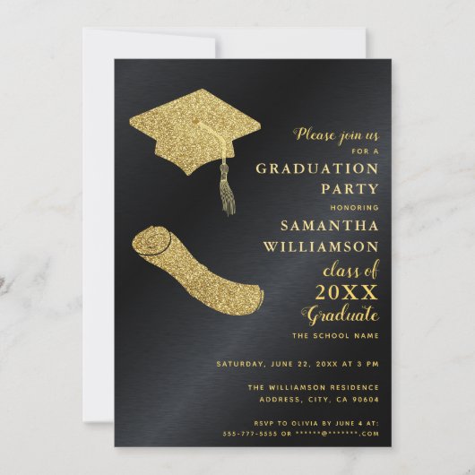 Elegante einfache Black and Gold Graduation Party Einladung (Vorderseite)
