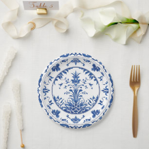 Elegante einfache blau-weiße Blume im Chinoiserie- Pappteller