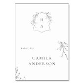 Elegante einfache botanische Wappen-Monogramm-Plat Tischnummer (Vorderseite)