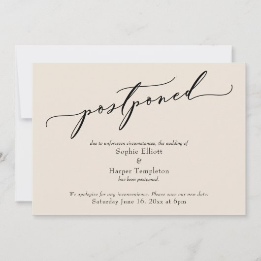 Elegante einfache Creme Postponed Wedding Card Einladung (Vorderseite)